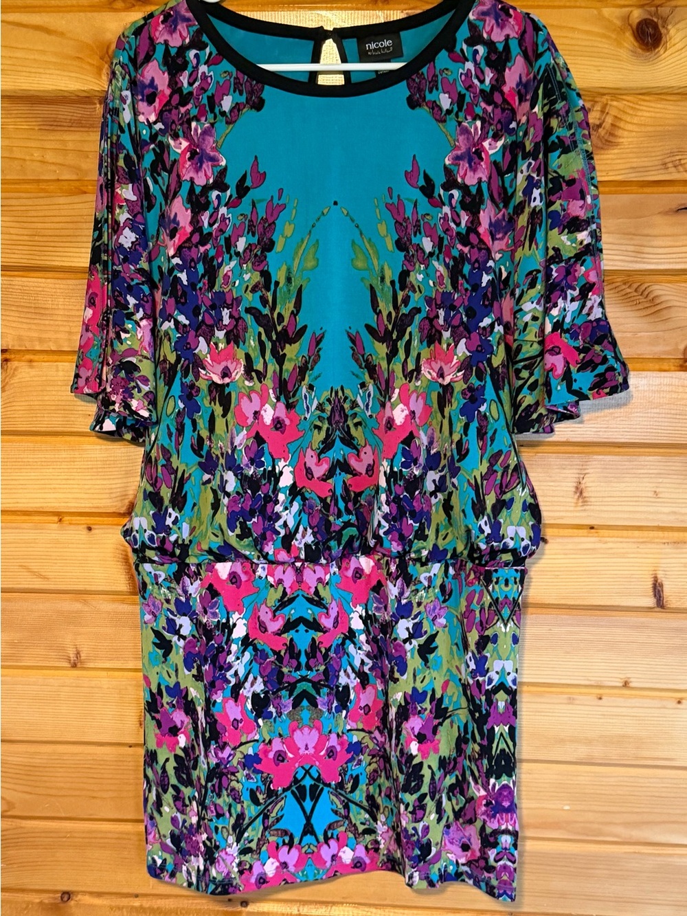 Nicole Miller Teal Floral-Print Dress with Split Sleeve